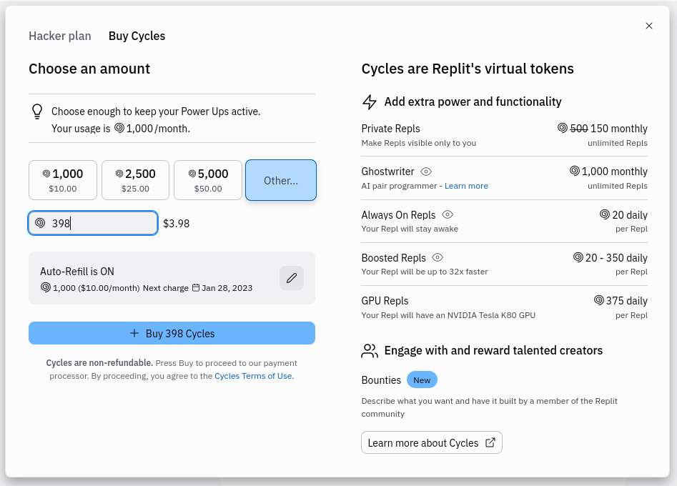 Buy Cycles Modal: Any number of cycles