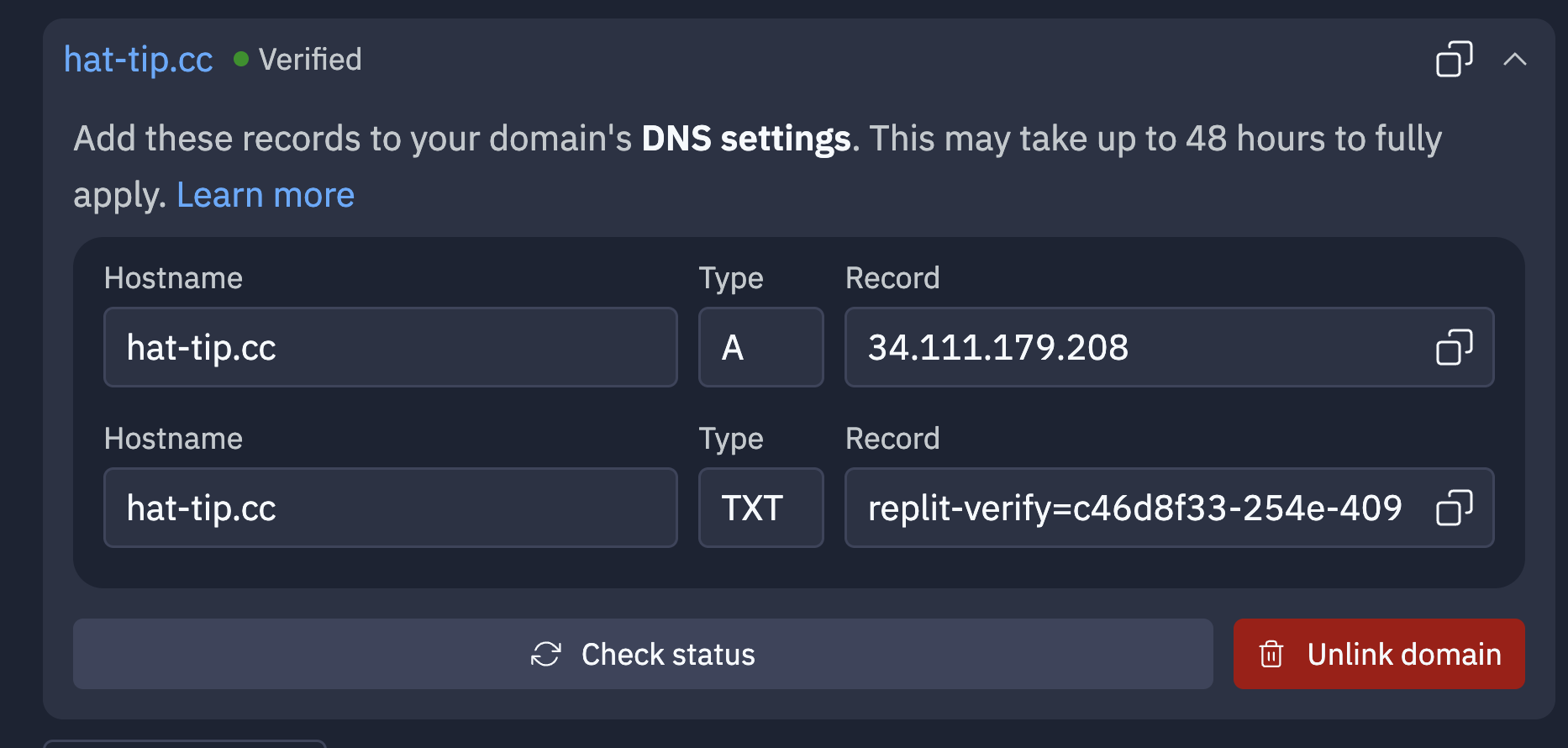 custom domain is verified