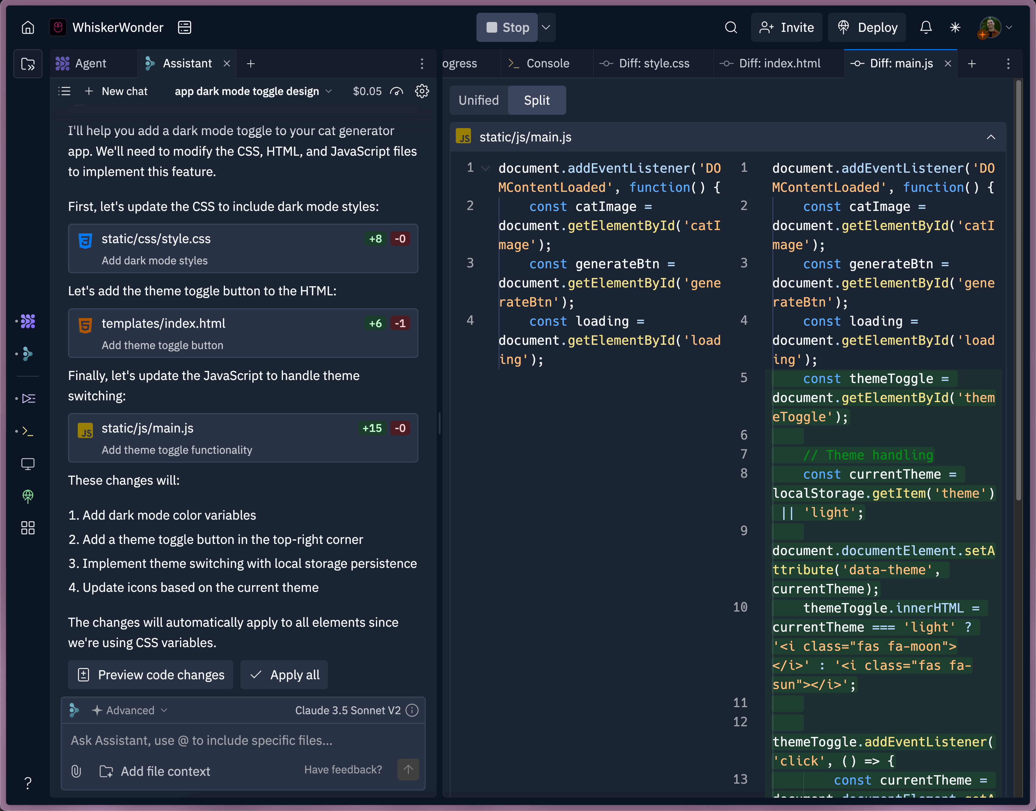 Preview of code changes made by Assistant for implementing dark mode