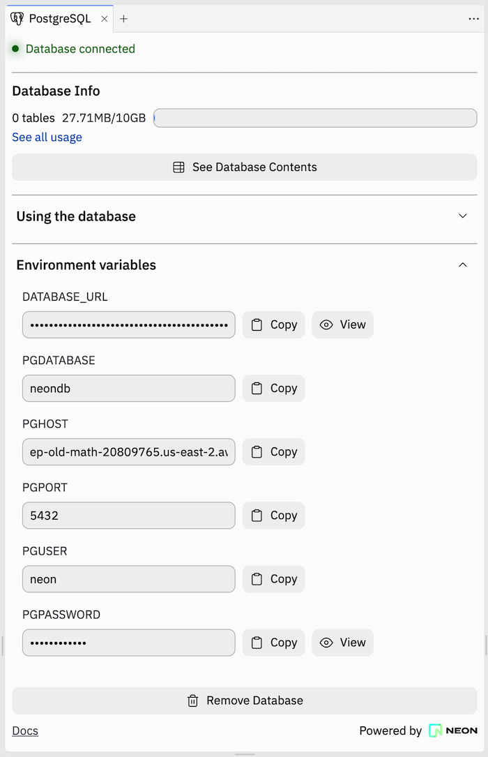 You can view all of the relevant connection information about your database.