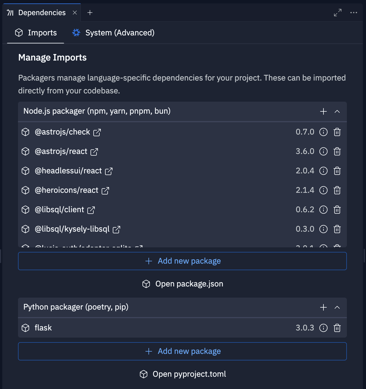 Imports tab for a project using Node.js and Python