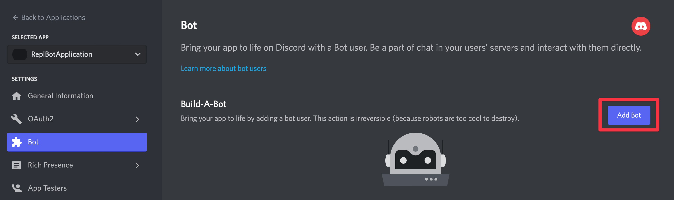 Adding a bot to our Discord Application
