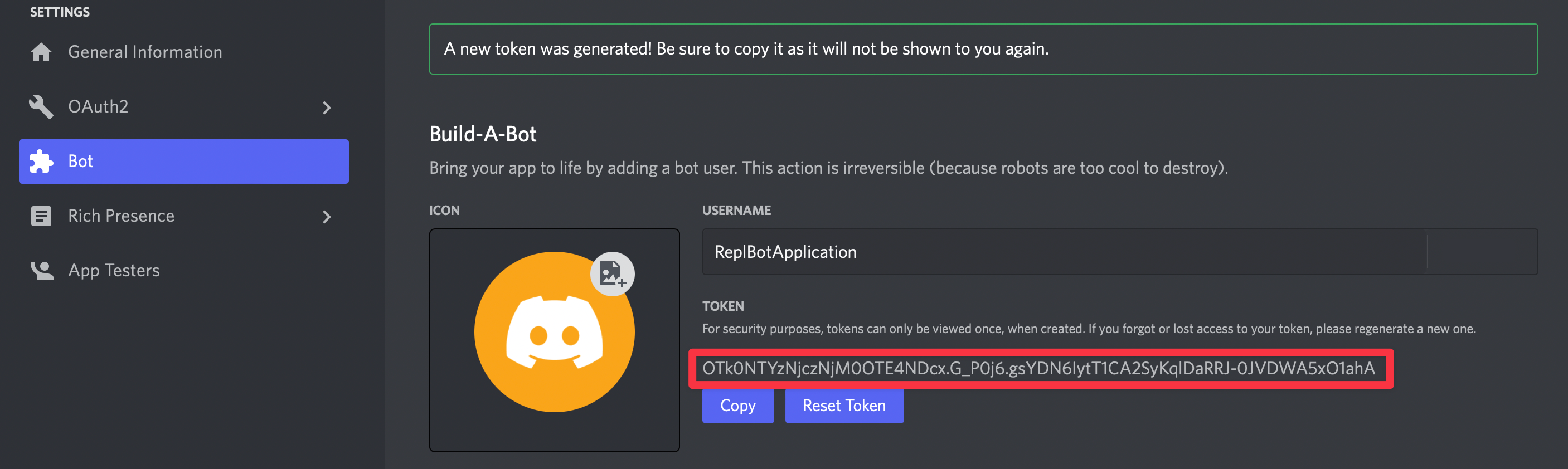 Copying a token for our Discord bot